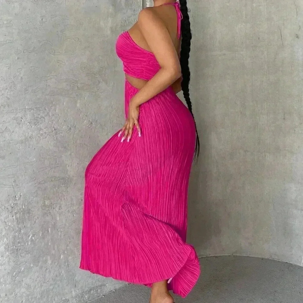 Hot Pink Sexy Women's Crisscross Tie Backless Halter Swing Dress - Picture 7 of 7